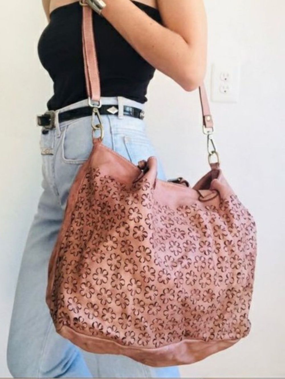 Sundance Pink Floral Cutout Real Leather Large Bag